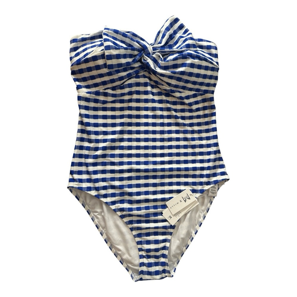 New Milly Womens Jacquard Cottage Bow Blue Gingham One-Piece Swimsuit Large - Picture 14 of 14
